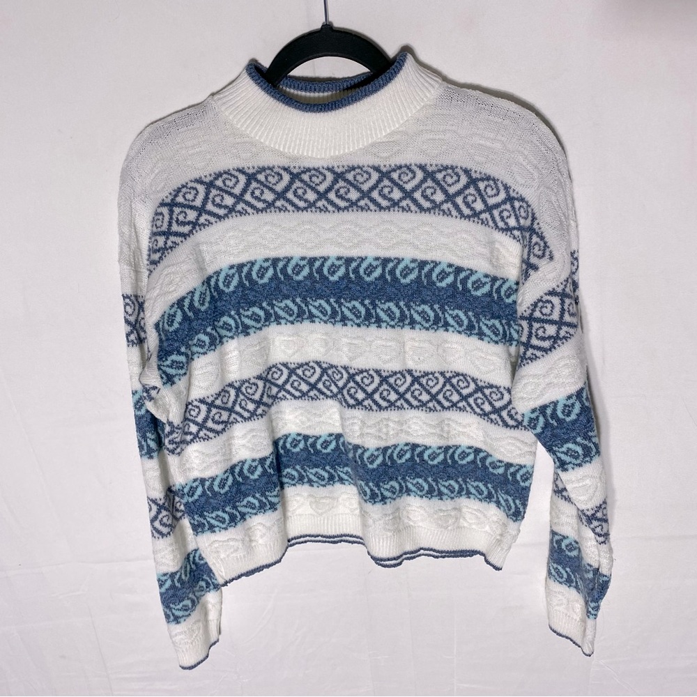 Vintage 90s White Blue Striped Textured Knit Mock Neck Sweater S Cottagecore